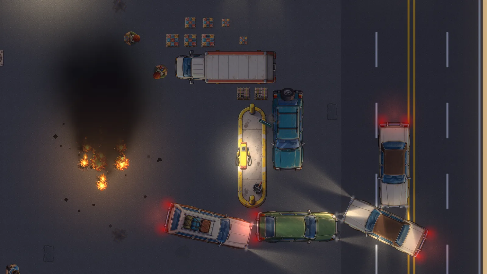 Fire and black smoke on the lot at night after a fuel explosion, cars stuck at the pumps